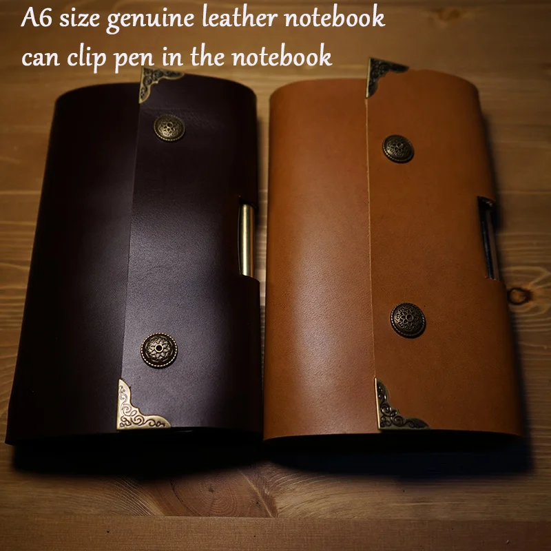 Hatimry brand new design A6 size genuine leather travelers journal notebook clip pen vintage spairal notebook school supplies