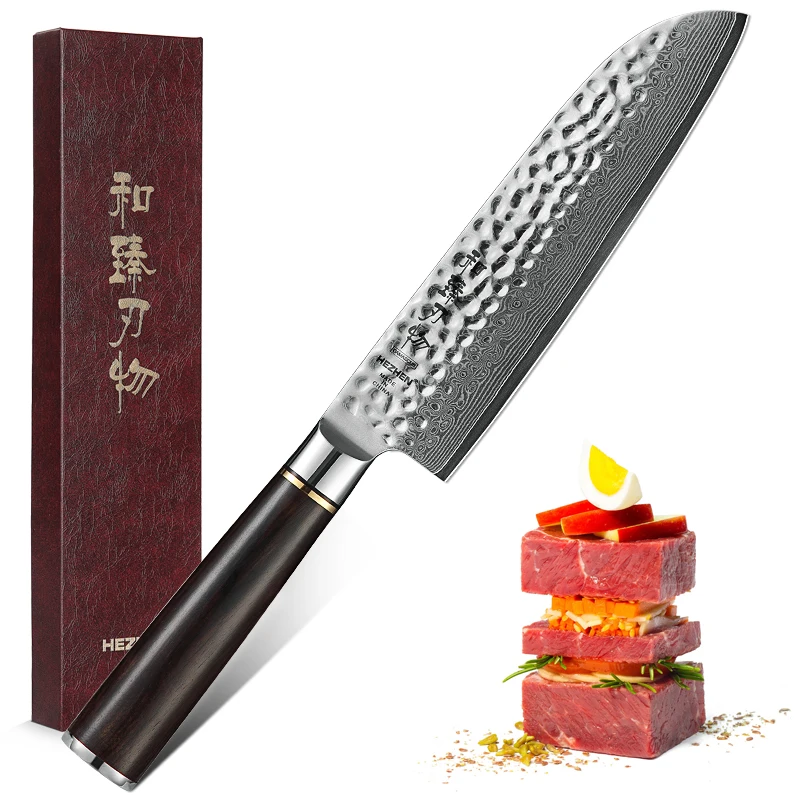 HEZHEN 7 дюймов Santoku ножи кухонные ножи японский Дамаск шеф повара Мясо Кливер высокоуглеродистой нержавеющая сталь Ebony Ручка