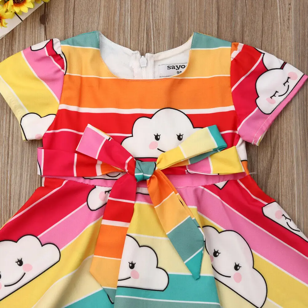 Princess Toddler Kids Baby Girl Rainbow Print Bow Formal Pageant Party Dress Clothes | Детская одежда и обувь