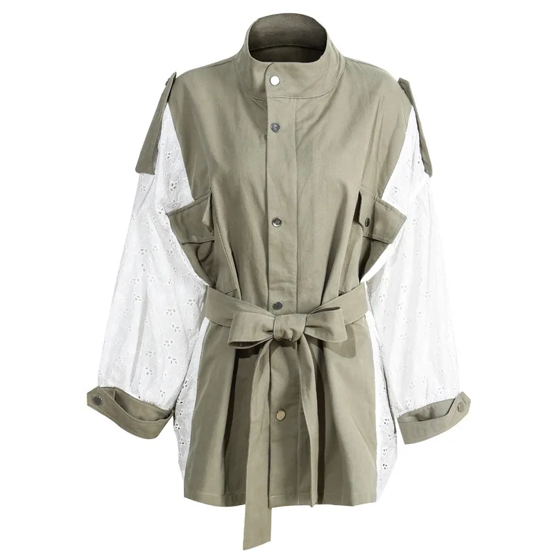 2019 New Autumn Stand Collar Long Sleeve Back Lace Split Joint Large Size Trench Women Coat Fashion Oversize coat Belt Outwear | Женская