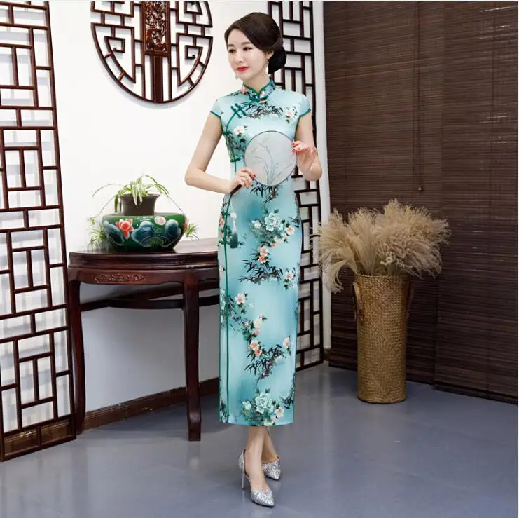 Высокая мода Мандарин Воротник шелк атлас с новогодней елкой, бумажный принт Qipao элегантный цветок сексуальное длинное платье плюс SZ M-4XL - Цвет: 18141