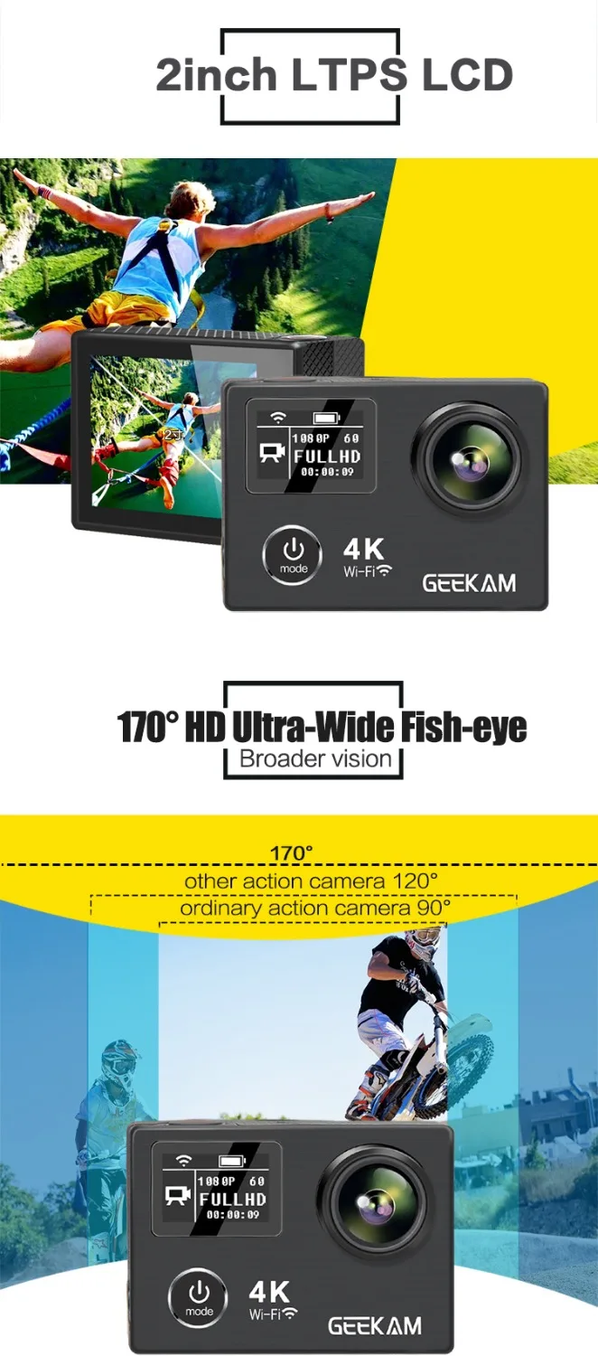 Экшн-камера GEEKAM K3R/K3 Ultra HD 4 K/30fps 20MP WiFi 2," 170D с двойным экраном, водонепроницаемая камера для подводного плавания на шлем, велосипедная спортивная видеокамера
