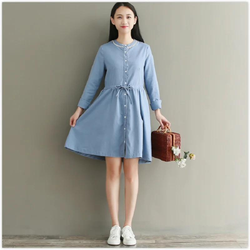 Милый осень весна Для женщин синий мини платье краткое стенд воротник