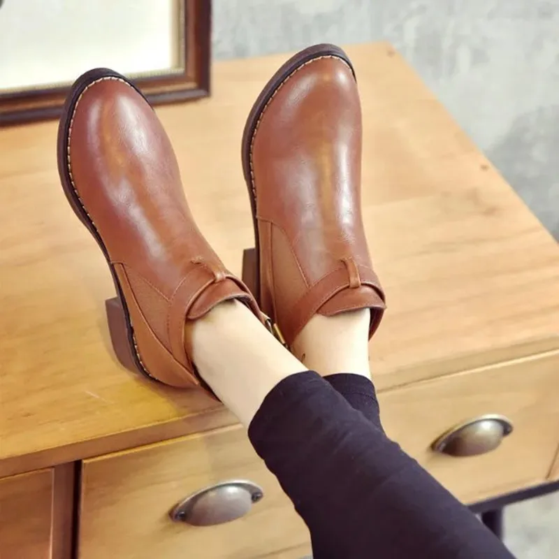 GOXPACER Winter Boots Women Solid Color Middle Heel Female Martin Buckle Strap Fashion Round Toe Ankle Patchwork All Match | Обувь