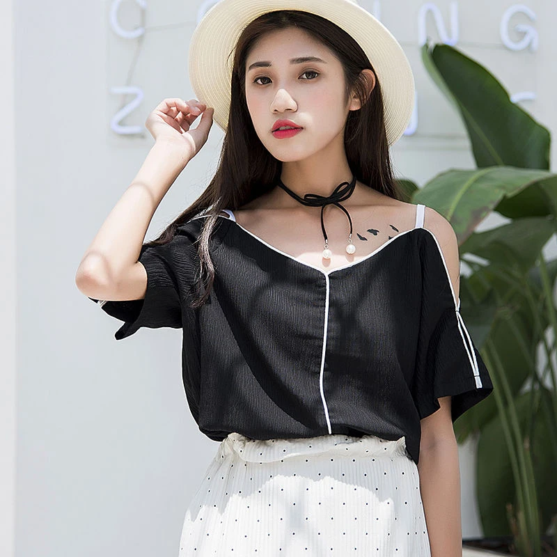 Women Summer Beach Style Short Blouses Shirts Lady Girls Casual Sleeve Off Shoulder Straped Blusas Tops DF2571 | Женская одежда