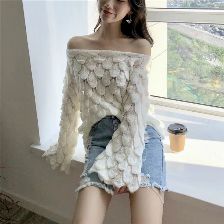 Solid Sexy Sweaters Fashion 2018 Women Loose Slash Neck Knitted Pullovers Long Sleeve Hollow Out Winter Tops for | Женская одежда