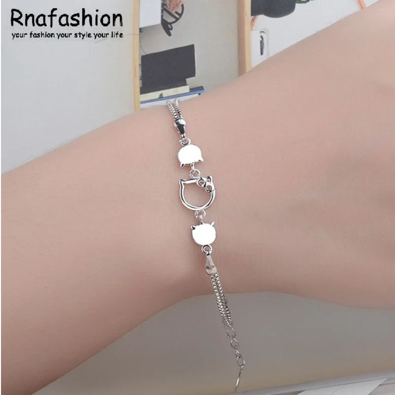 RNAFASHION белый кристалл ААА 925 серебро Hello Китти браслет милые браслеты для женщин