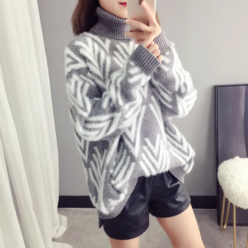 Женский свитер с высоким воротом Свободный пуловер длинными рукавами и