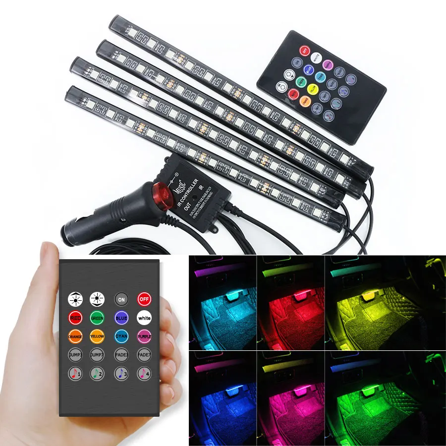 RGB 4x12smd 4 шт. Led RGB полосы светильник крытый светильник 12smd 9smd-led автомобиля светодиодная лента RGB светильник Атмосфера лампы 12V красочный пульт дистанционного управления Крытый настенный светильник - Испускаемый цвет: RGB 4x12smd