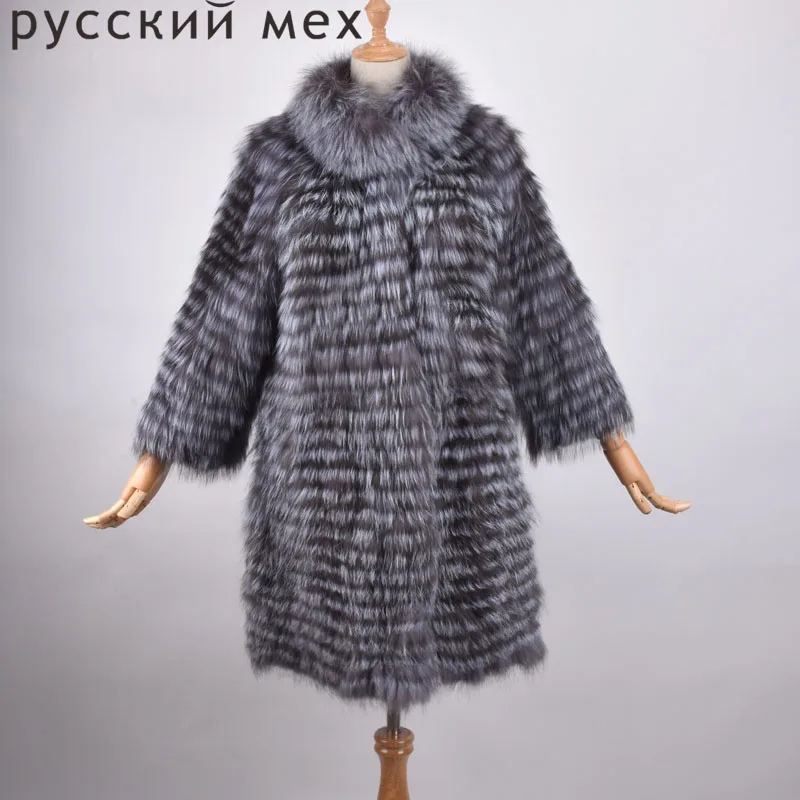 

Женское пальто из натурального Меха чернобурки, модная меховая куртка, пальто в полоску, женская верхняя одежда из лисьего меха длиной 90 см