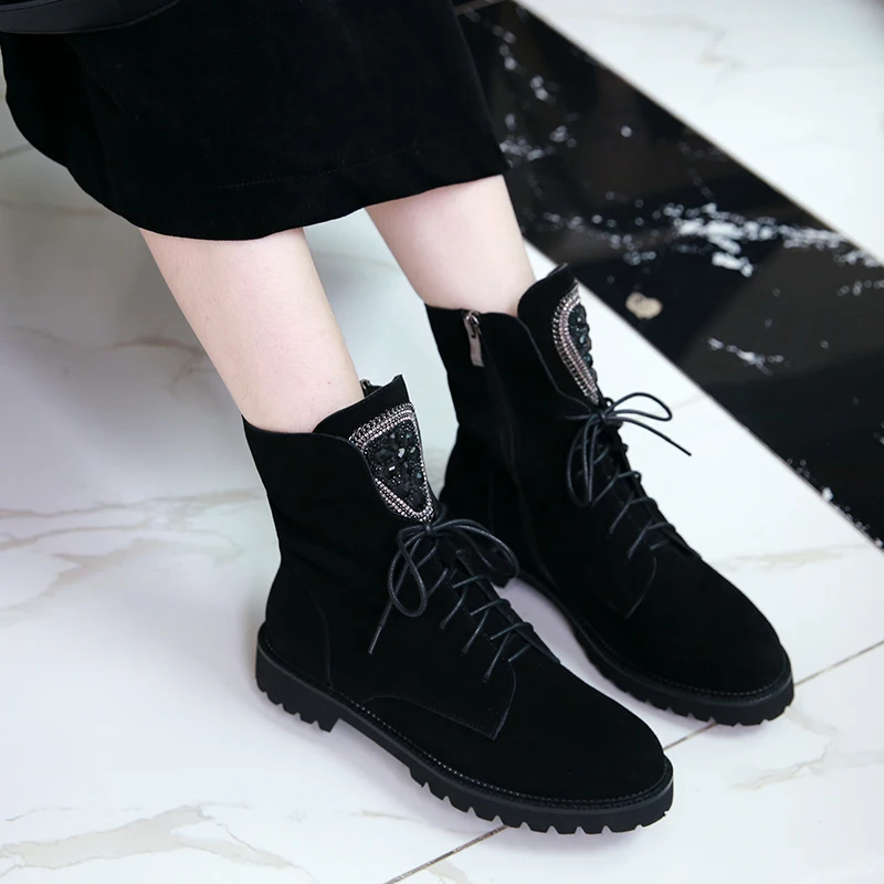 

WETKISS Cow Suede Women Ankle Boots Cross Tied Round Toe Footwear Motorcycle Female Boot Crystal Platform Shoes Woman Spring