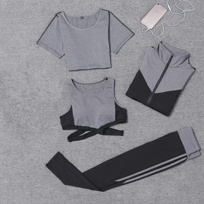 4 piece set a Брюки с высокой талией+ шорты+ сексуальный бюстгальтер+ футболка+ пальто для женщин, комплект из 5 предметов, Быстросохнущий костюм для йоги, одежда для фитнеса, тренажерного зала, спортивные комплекты для бега - Цвет: 4 piece set a