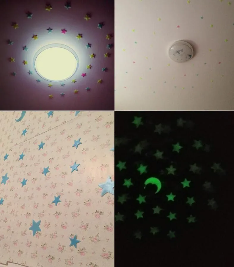 100pcs 3D Stars Glow In Dark Luminous Fluorescent Plastic Wall Sticker Baby Room Ceiling Ornaments Special Festival Decro PVC | Дом и сад