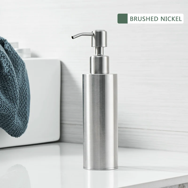 Brushed Nickel FLG диспенсер для жидкого мыла, современный кухонный 200 мл, нержавеющая сталь, круглая основа, аксессуары для ванной комнаты, матовый никель, зеркальная бутылка для рук - Цвет: Brushed Nickel