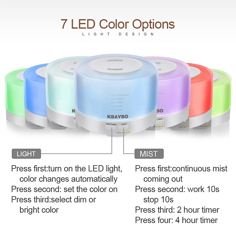 KBAYBO 500ml Ultrasonic Air Humidifier Essential Oil Diffuser with remote control humidify Aromatherapy mist maker for home | Бытовая