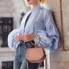 Рубашка женская с пышными рукавами, модная блузка с глубоким V-образным вырезом, элегантная клетчатая офисная блузка в полоску