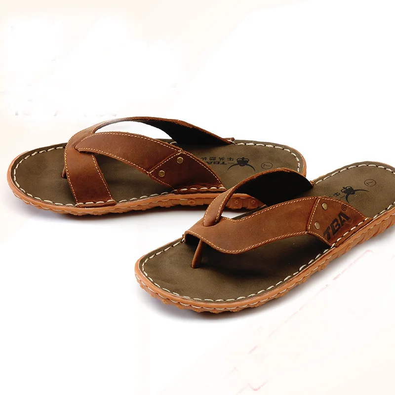TBA Men's Summer Fashion Trend Genuine Leather Anti-skid Sandals &amp Flip Flops Male Outdoor Soft Bottom Lower Price Beach Shoes |