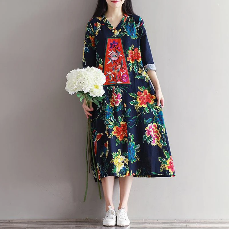 Осень 2017 г. для женщин Большие размеры цветочный Вышивка хлопок белье Платья