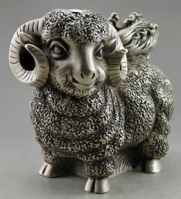

Elaborate Lovely Chinese Collectible Old Decorated Handwork Tibetan Silver Sheep Carry Cabbage Statue