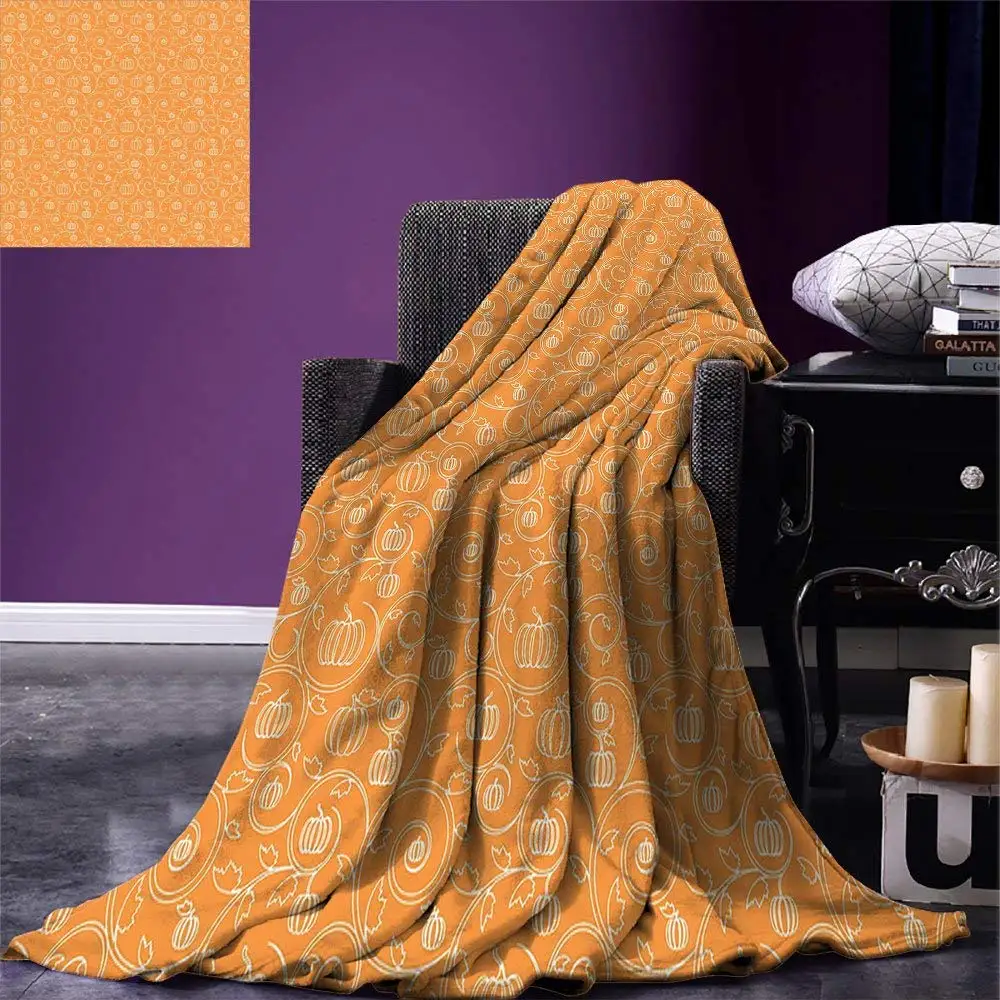 Harvest Throw Blanket Pattern with Pumpkin Leaves and Swirls on Orange Backdrop Halloween Inspired Warm Microfiber | Дом и сад