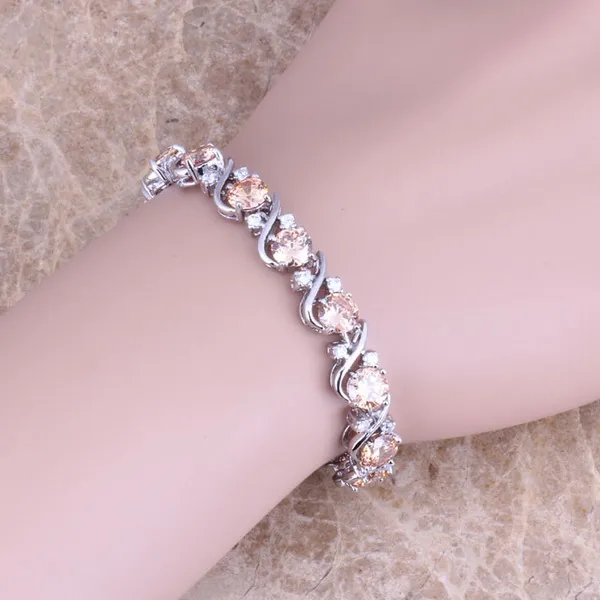 Браун Morganite Белый CZ стерлингового серебра 925 ссылка браслет цепочка 7 дюймов для