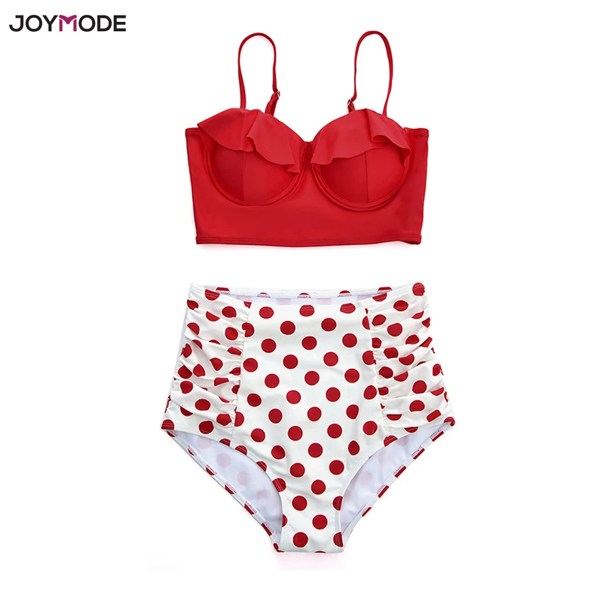 JOYMODE винтажный комплект бикини из двух предметов для женщин, купальники кружева высокая талия, купальник пуш-ап Ретро Красный горошек Купальник с верхом на косточках