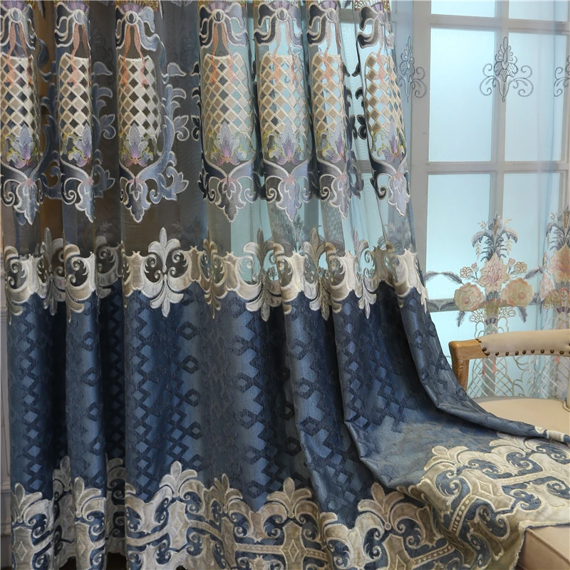 Европейский высокое качество шенилл вышитые оконные шторы для гостиной синяя