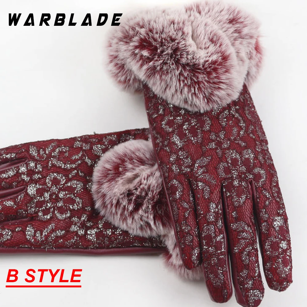 B red WBL Женские Новые однотонные перчатки женские черные кожаные перчатки Осень Зима теплые кроличьи меховые варежки Зимние Перчатки Кожаные женские перчатки - Цвет: B red