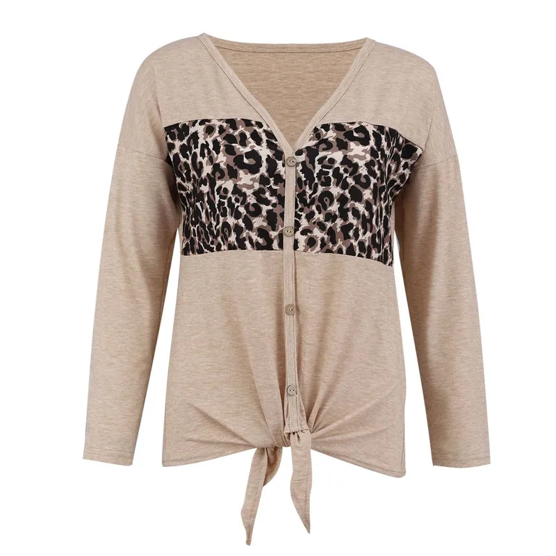 

Fashion Womens Button Long Sleeve Knot Blouse Autumn Leopard Printed Patchwork Shirt Ladies Casual Loose V-neck Tops Blouse Hot