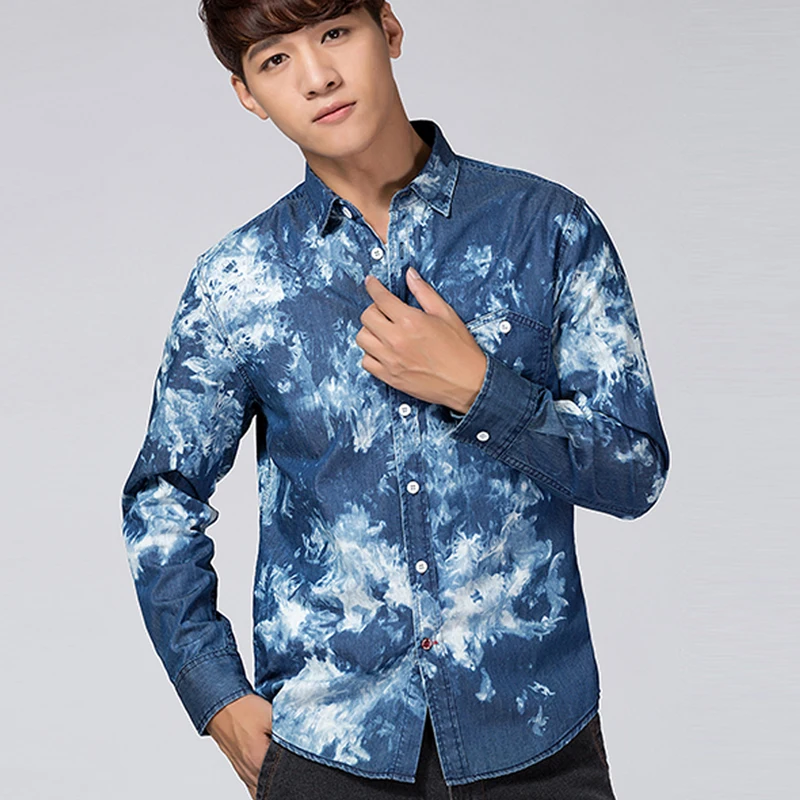 

Осенне-весенняя модная мужская джинсовая рубашка с длинным рукавом и цветочным узором, повседневные мужские рубашки из 100% хлопка с эффекто...