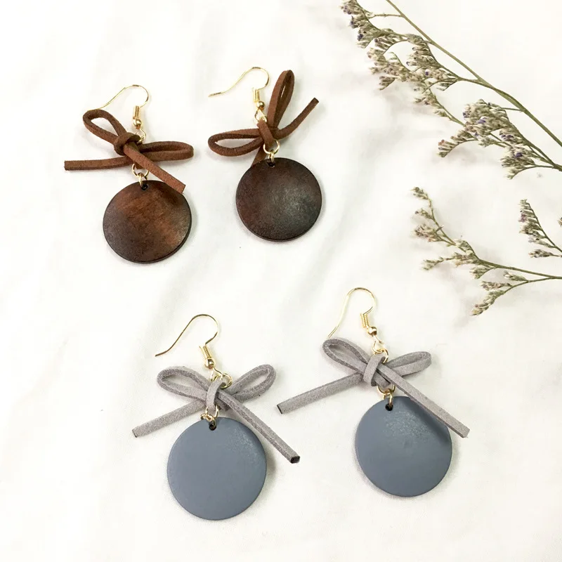 Женские винтажные серьги подвески с коричневым бантом и круглой геометрией