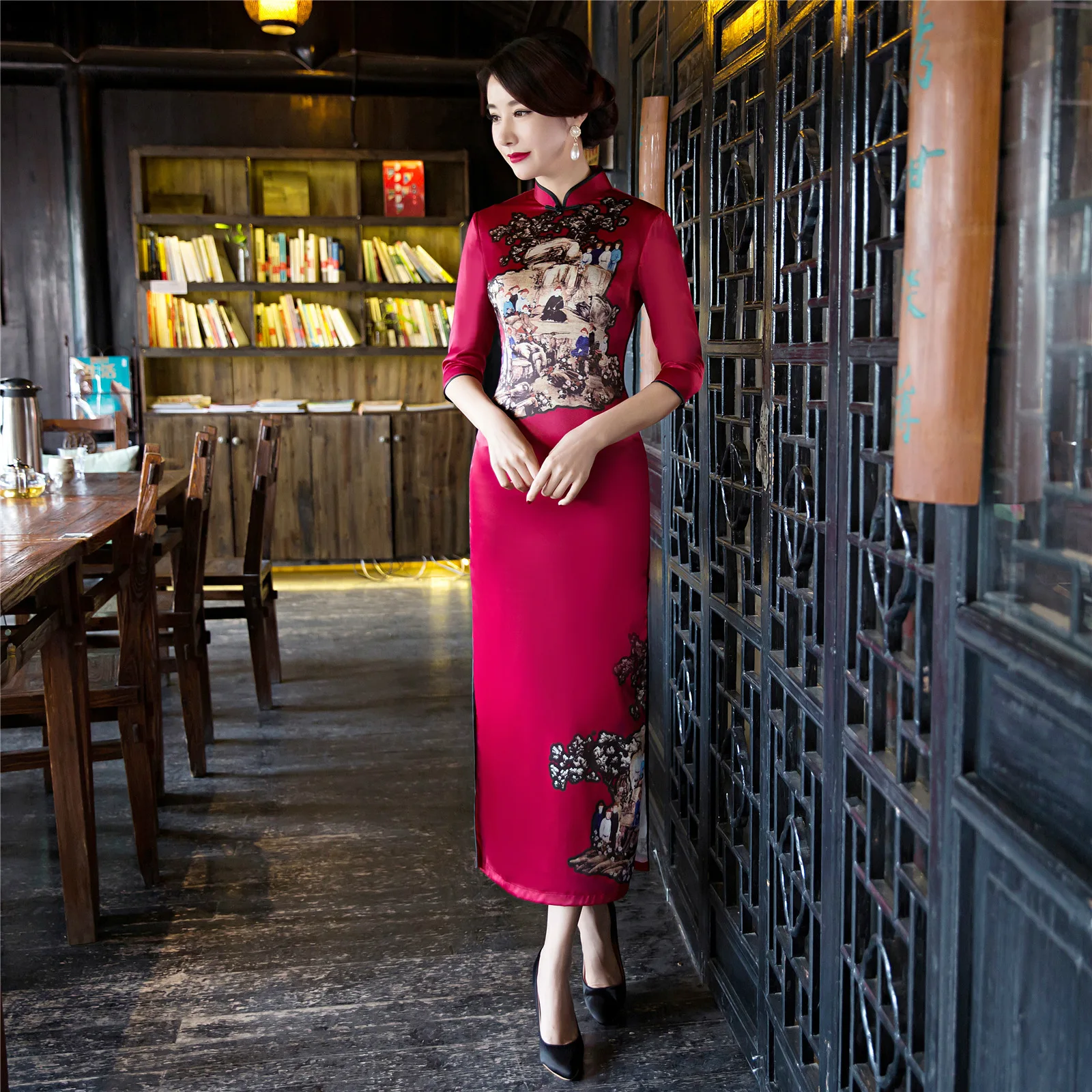 Женское длинное шелковое платье Ципао с длинным рукавом и вышивкой хлопковое