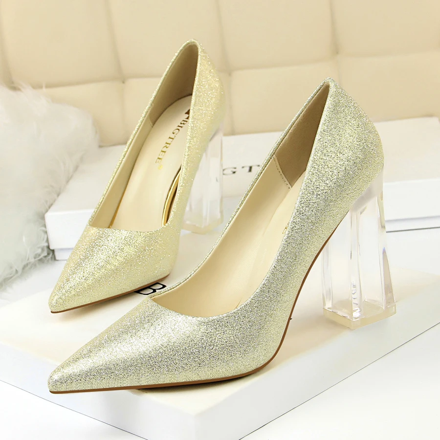 

BIGTREE 2022 Spring Woman Sexy Pointed Toe Pumps Transparent Crystal Heel High Heels Shoes Female Slip On Ladies Office Shoes
