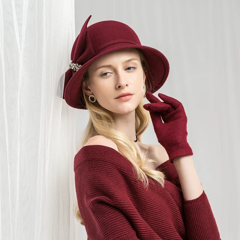 Lady Fedoras Wool Hat Female Woolen Dome Cap Original Design Wool Hat Autumn British Female Set Auger Wool Hat Adjust A03
