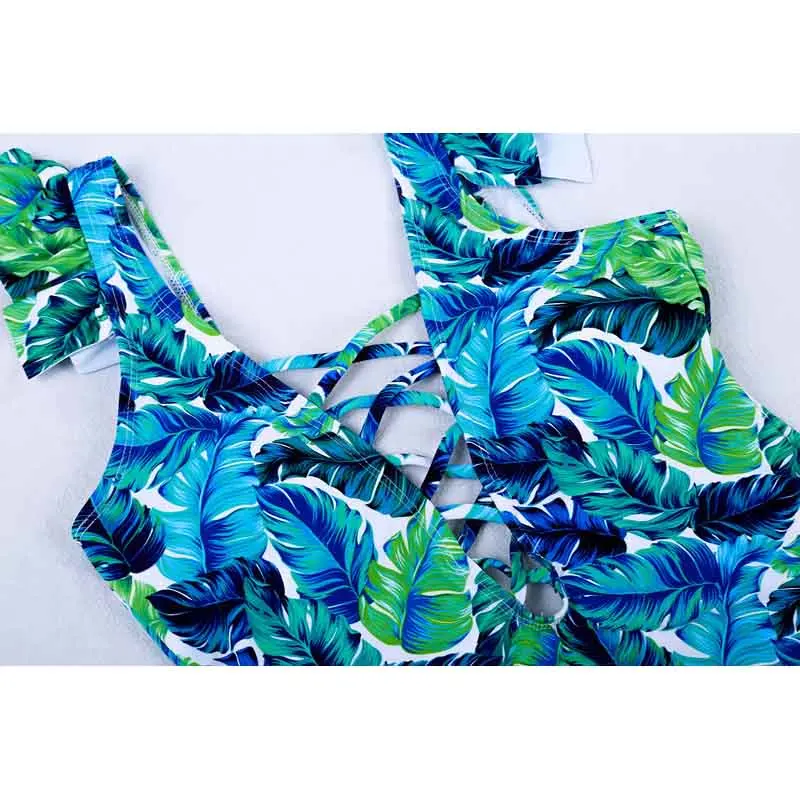 

2020 Monokini Couple Swimming Suit Women Leaf Print One Piece Bikini Swimsuit Shorts For Men Blue Swimwear Bathing Suit Female
