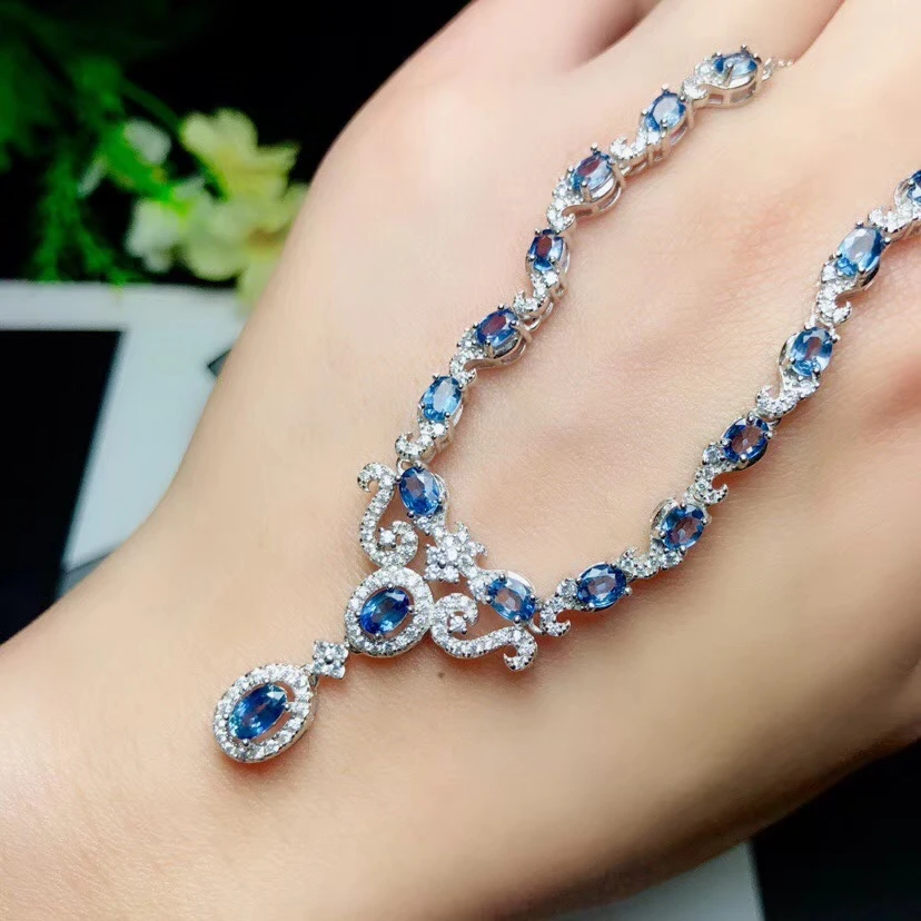 

Natural blue sapphire gem necklace S925 silver natural gemstone necklace Fashion Flower water drop woman gift party jewelry