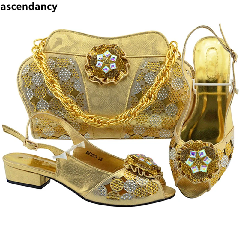 New Arrival Womens Dress Shoes Open Toe Italian and Bags To Match with Bag Set Decorated Rhinestone Low Heels | Обувь