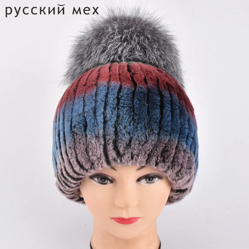 

Зимняя женская трикотажная Шапка-бини с помпоном из лисьего меха