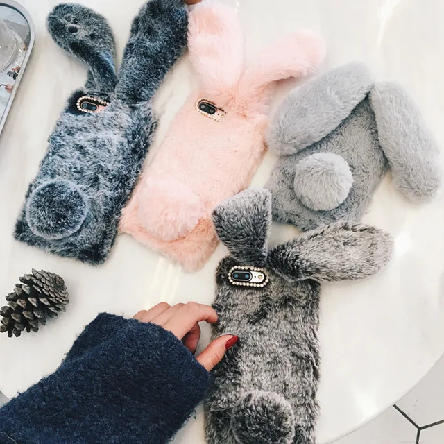 Case for iPhone X XR XS Max Wrist strap 3D Rabbit Furry fluffy 7 Warm cover 6 6S 8 Plus 5S Phone |