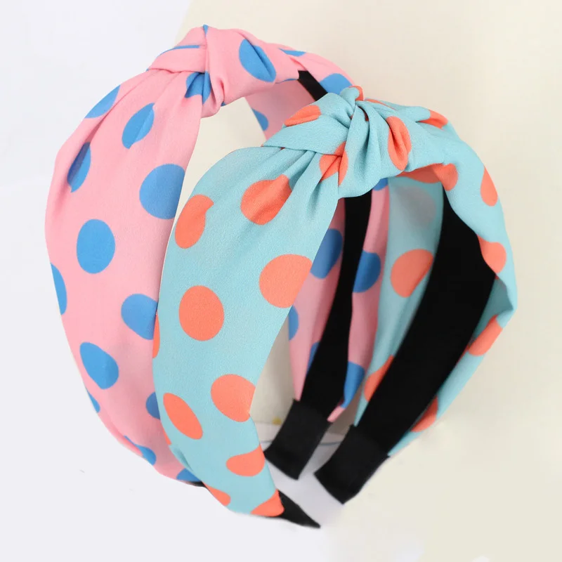 Корейские винтажные широкие повязки для волос с узлом для женщин и девочек, модные украшения для волос, повязка на голову в горошек, 12 шт./партия