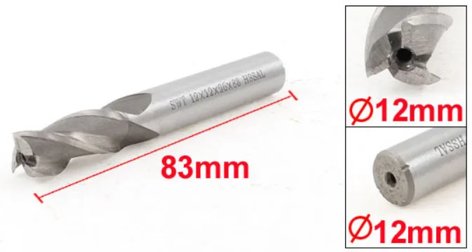 

12mm x 12mm x 26mm x 83mm 3 Flutes HSS-AL End Mill Milling Cutter Tool Silver Tone 2pcs