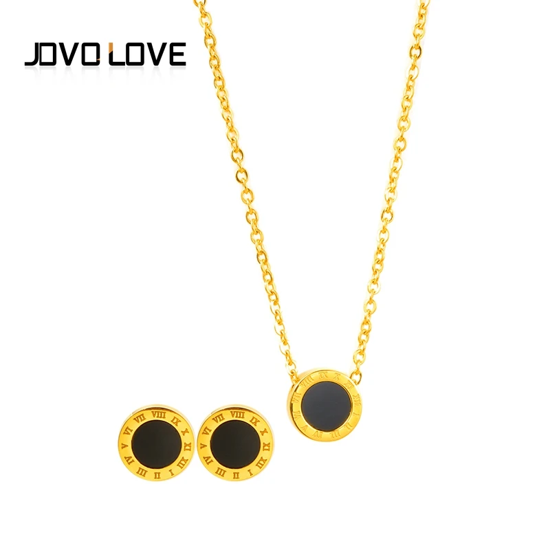 

JOVO Vintage Roman Numerals Round Necklaces and Earrings Set for Women Wedding Jewelry Gift Lovely Black Color Europe Style Gift