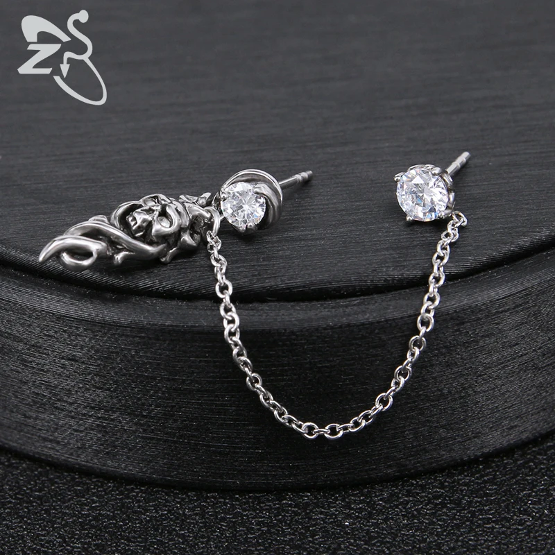 Серьги гвоздики ZS с длинной цепочкой украшения в стиле хип хоп декором черепа