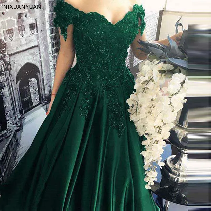 Elegant Green Satin Evening Dresses Ball Gown Lace Sweetheart Gowns 2021 Long Robe De Soiree Floor Length Formal Dress | Свадьбы и