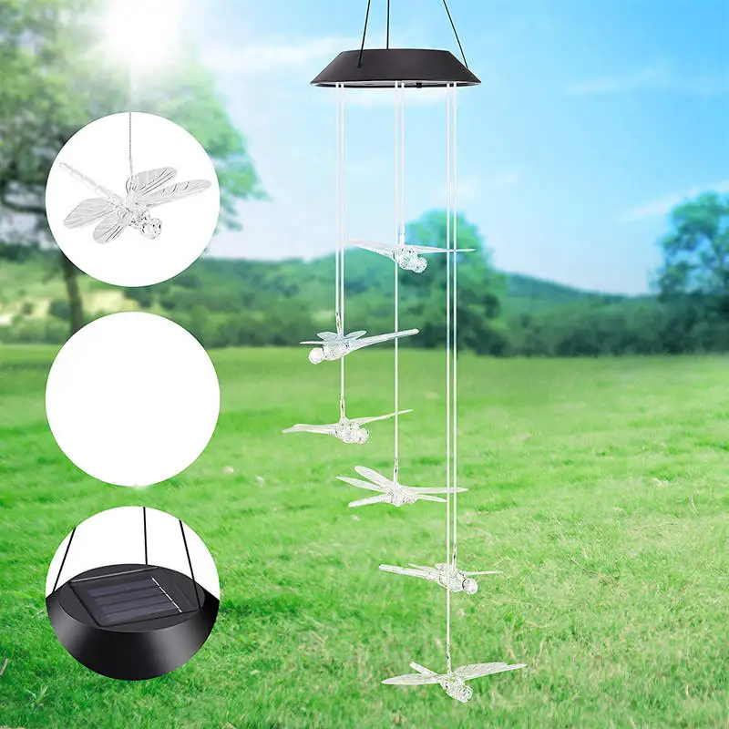 Изменение цвета Стрекоза Солнечный ветер Chime свет открытый солнечный светильник