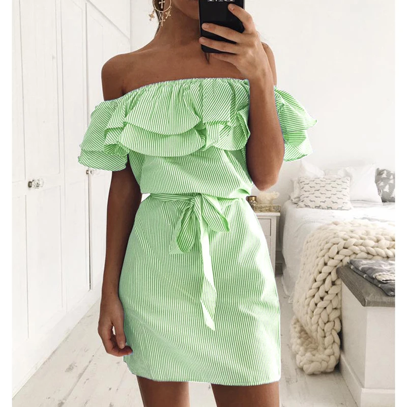 Женский облегающий сарафан повседневное летнее платье в полоску с оборками на