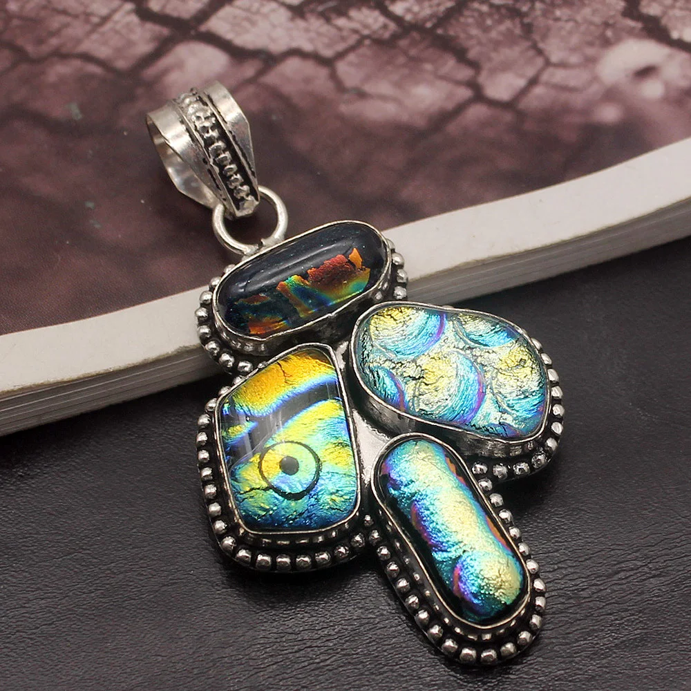 

Elegant Rare Stylish Dichroic Glass 925 Sterling Silver Color Charms Pendant Necklace Jewelry 2 5/8 INCH TF929