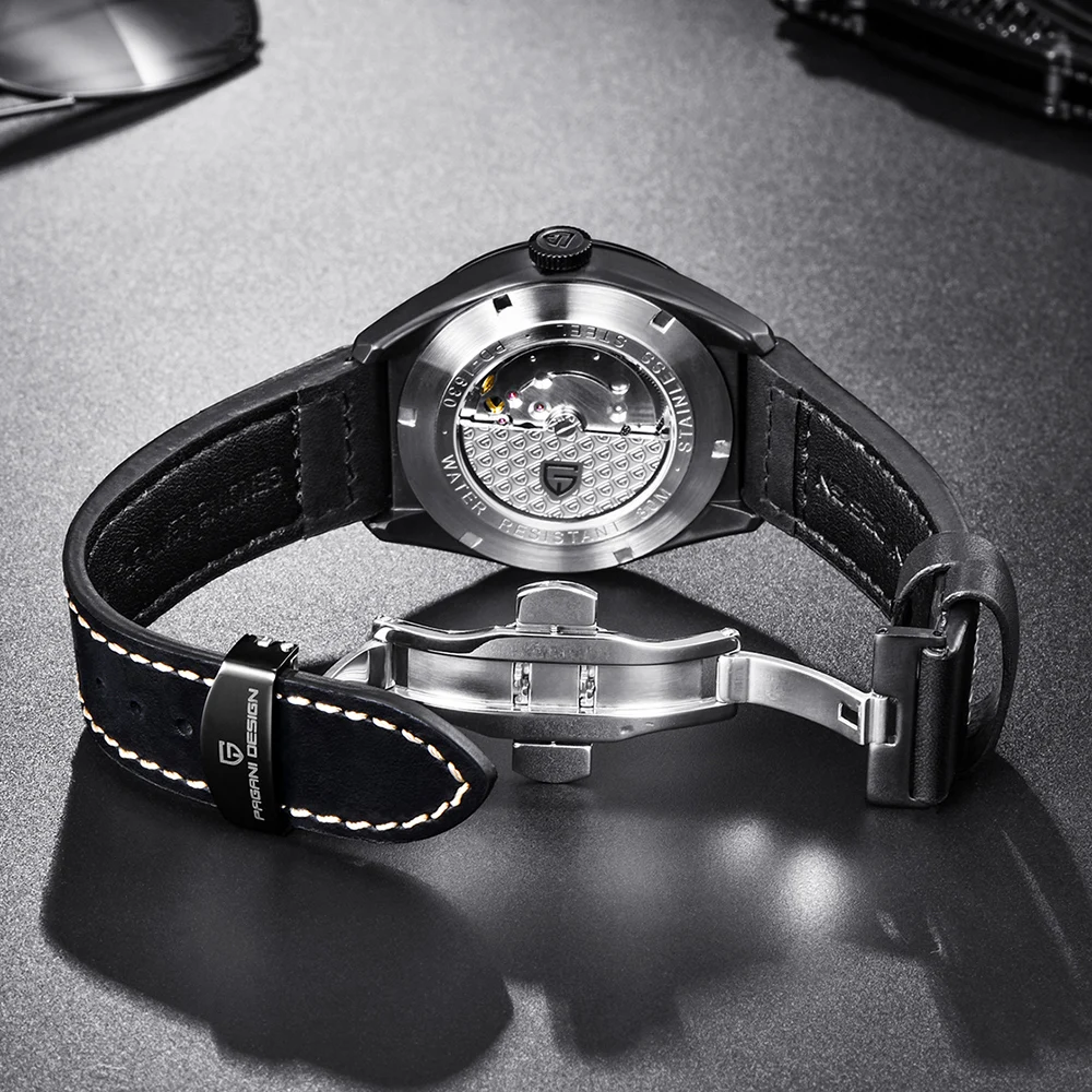 PAGANI DESIGN Brand Men's Classic 3D Skull Punk Style Mechanical Watches Waterproof 30M Genuine Leather Luxury Automatic Watch | Наручные