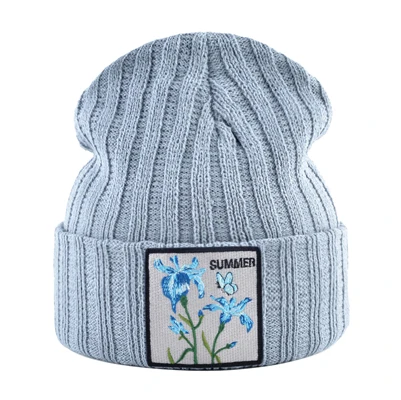 Вязаные шапки для женщин уличная одежда Skullies Beanies с цветком патч Весна Осень Вязание Gorra Мужская зимняя шапочка в стиле кэжуал Кепка - Цвет: Gray