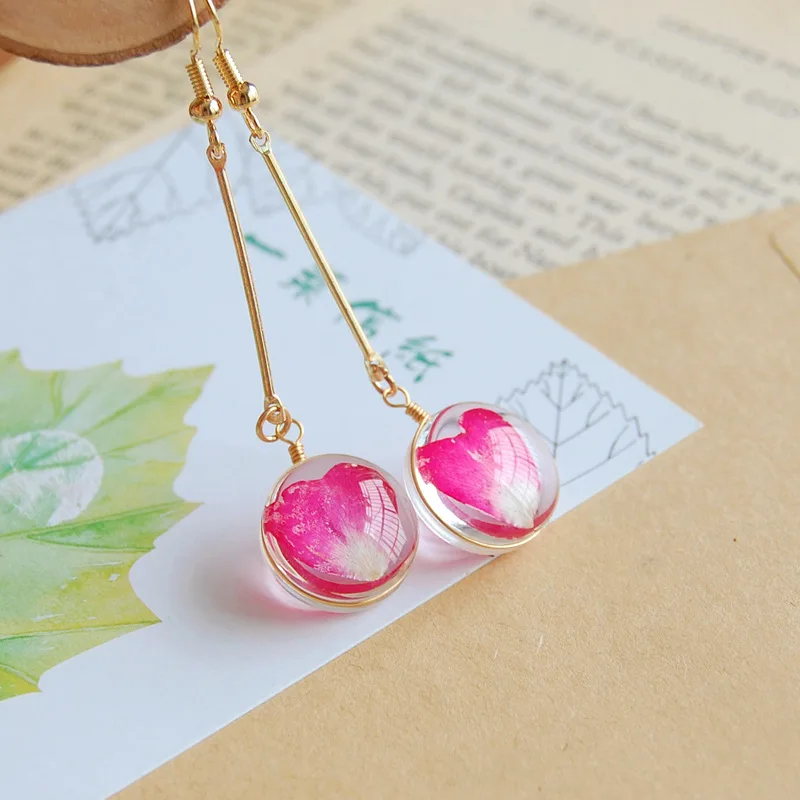 New Elegant Terrarium Glass Dried Flower Rose Petals Drop Earrings Women Boho Fashion Floating Locket Jewelry Accessories | Украшения и